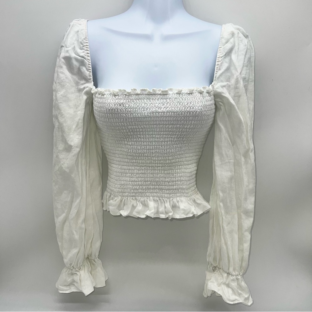Reformation Woman’s White Smocked 100% Linen Long Sleeve Square Neck Blouse-Sz S